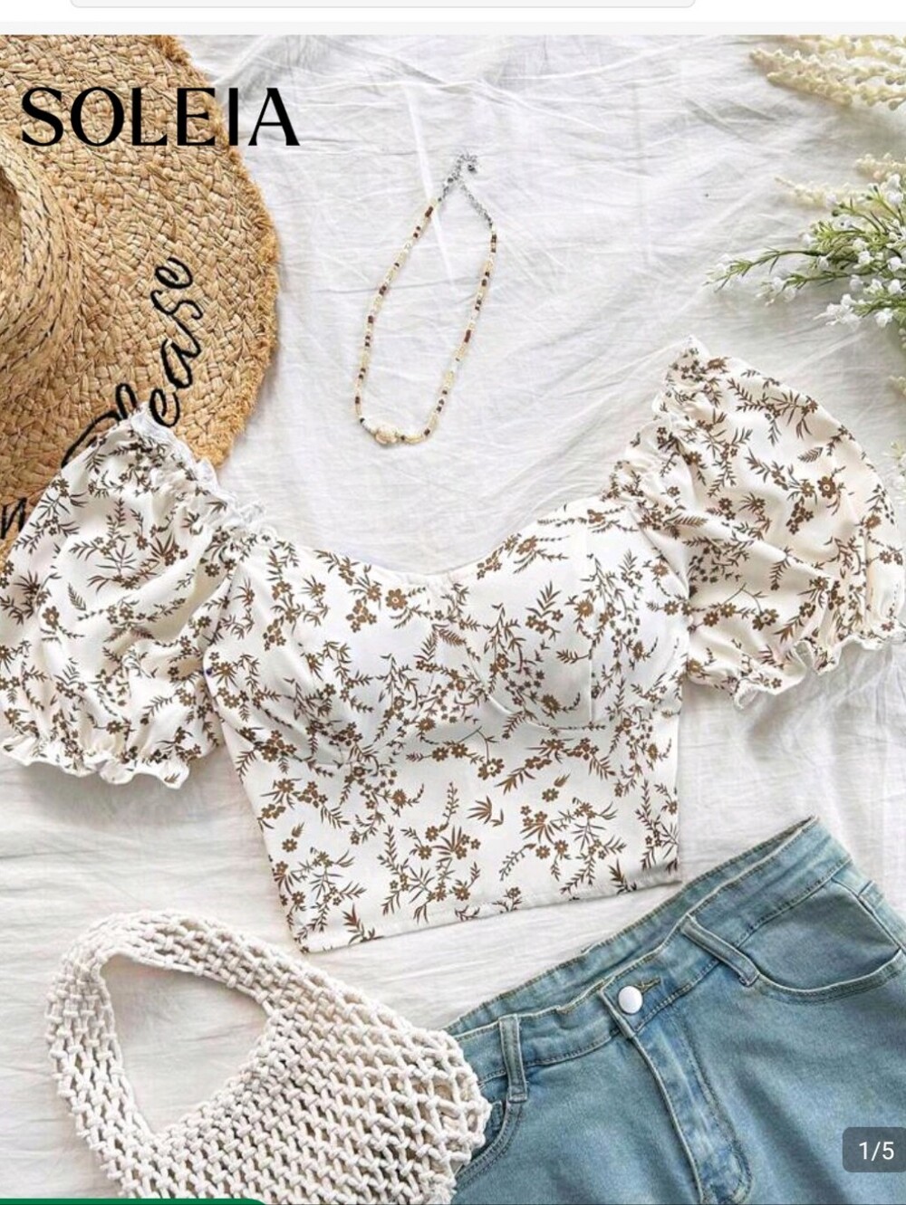 Floral Puff-Sleeve Crop Top - Cream with Brown Floral